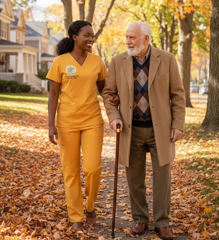 A Home Care Professional in yellow scrubs walking with an elderly Greek man in a beautiful autumn neighborhood.